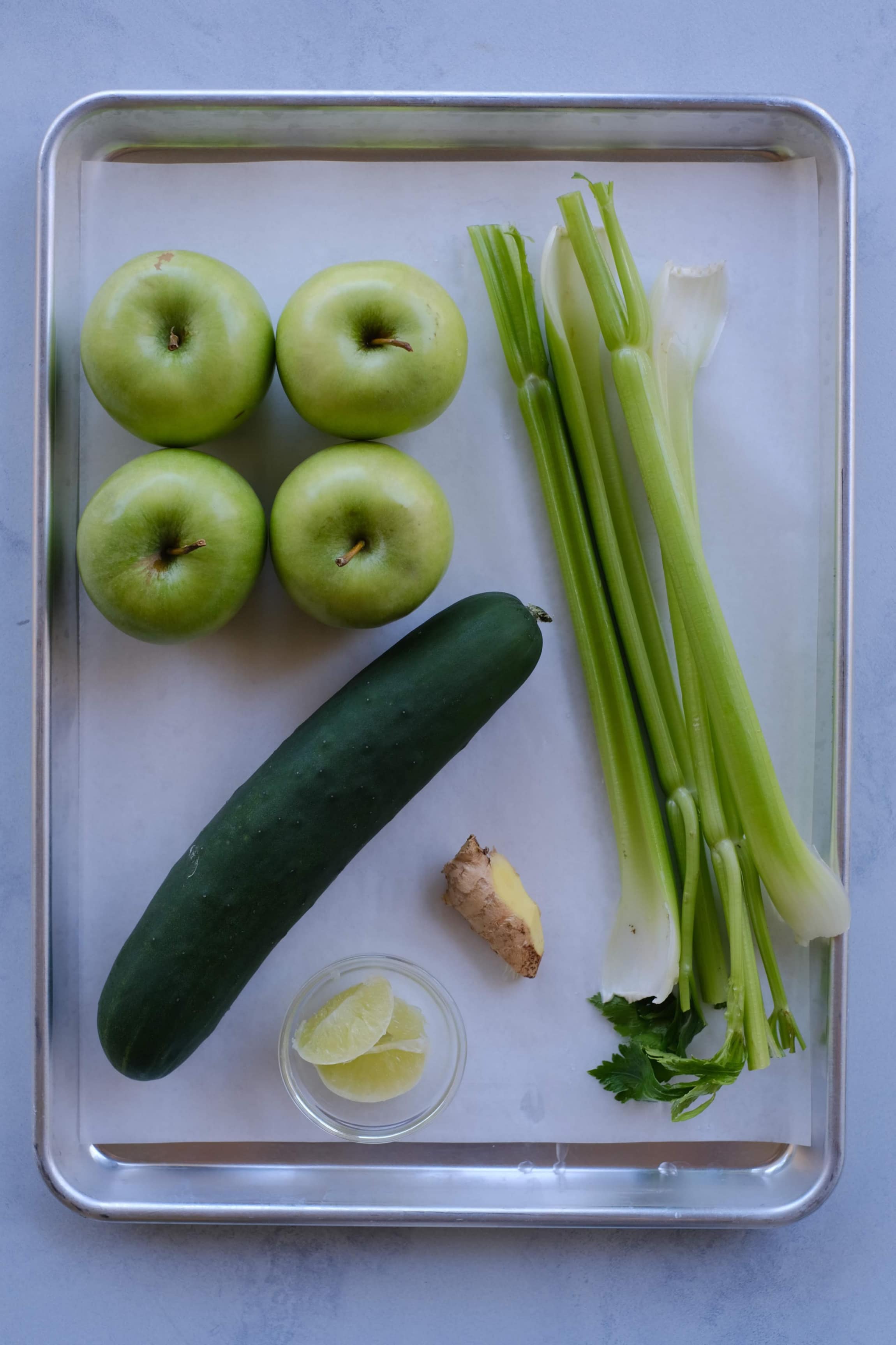 apple and vegetable on a tray