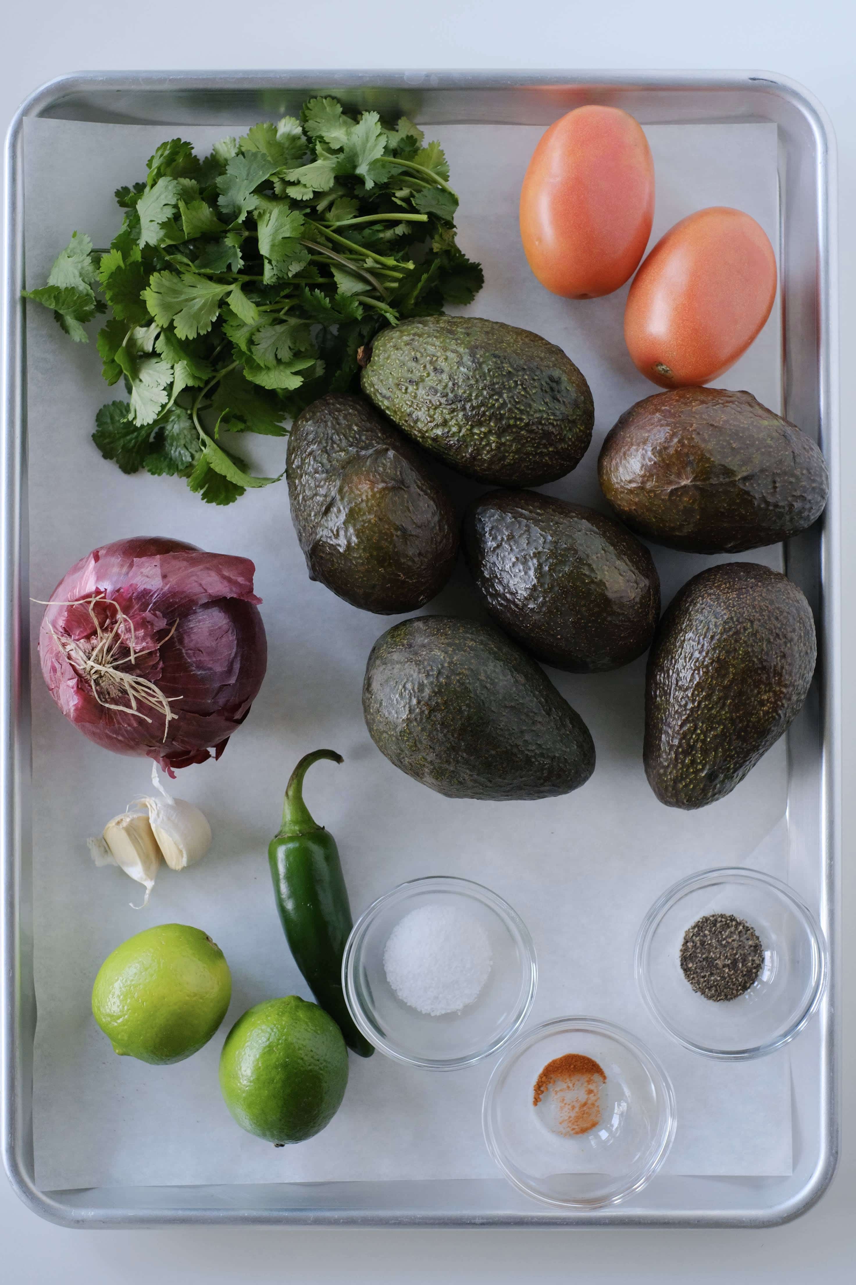 Ingredients for guacamole on a tray